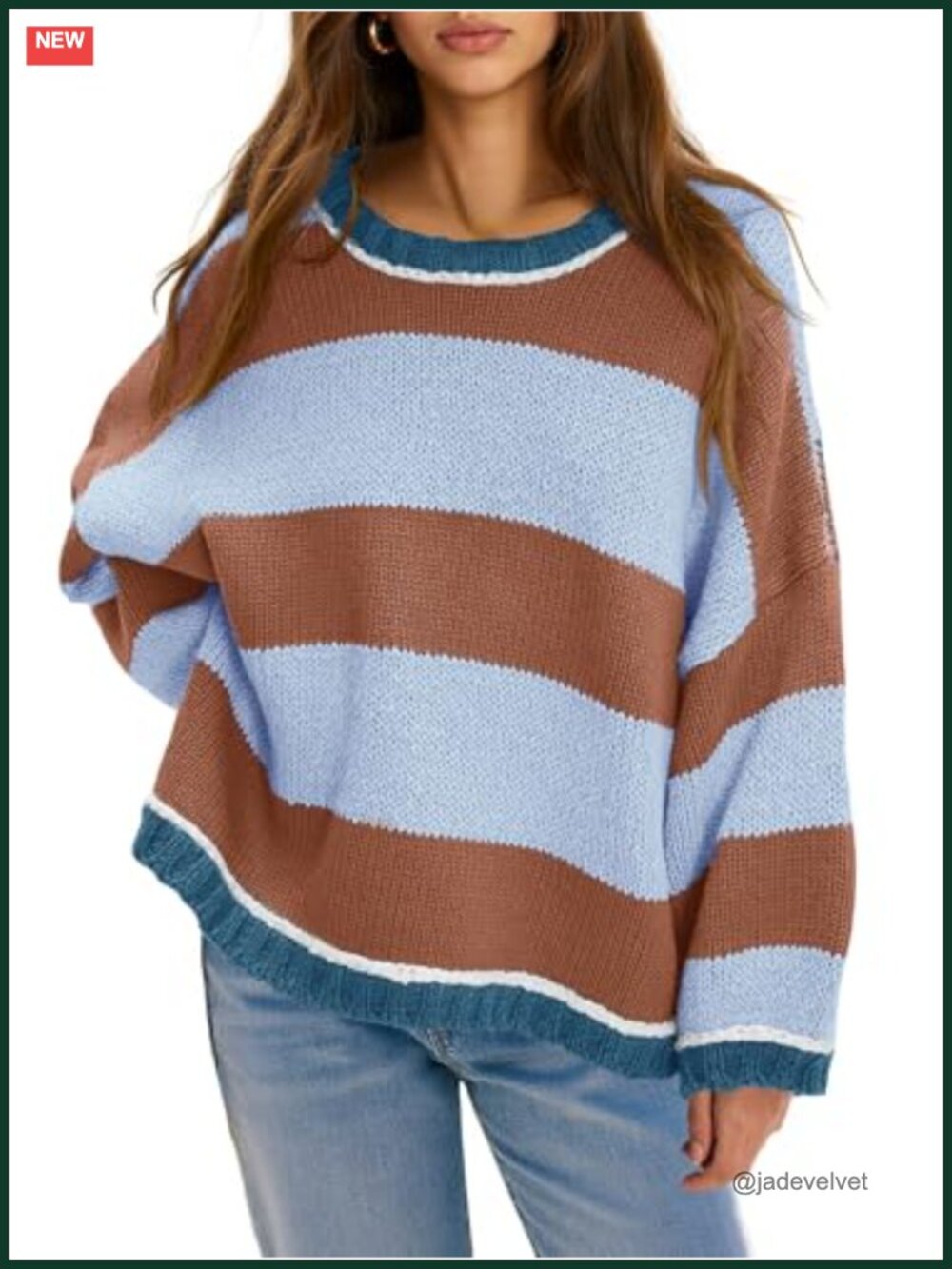 Oversized Knit Sweater Long Sleeve Crewneck Color Block Pullover